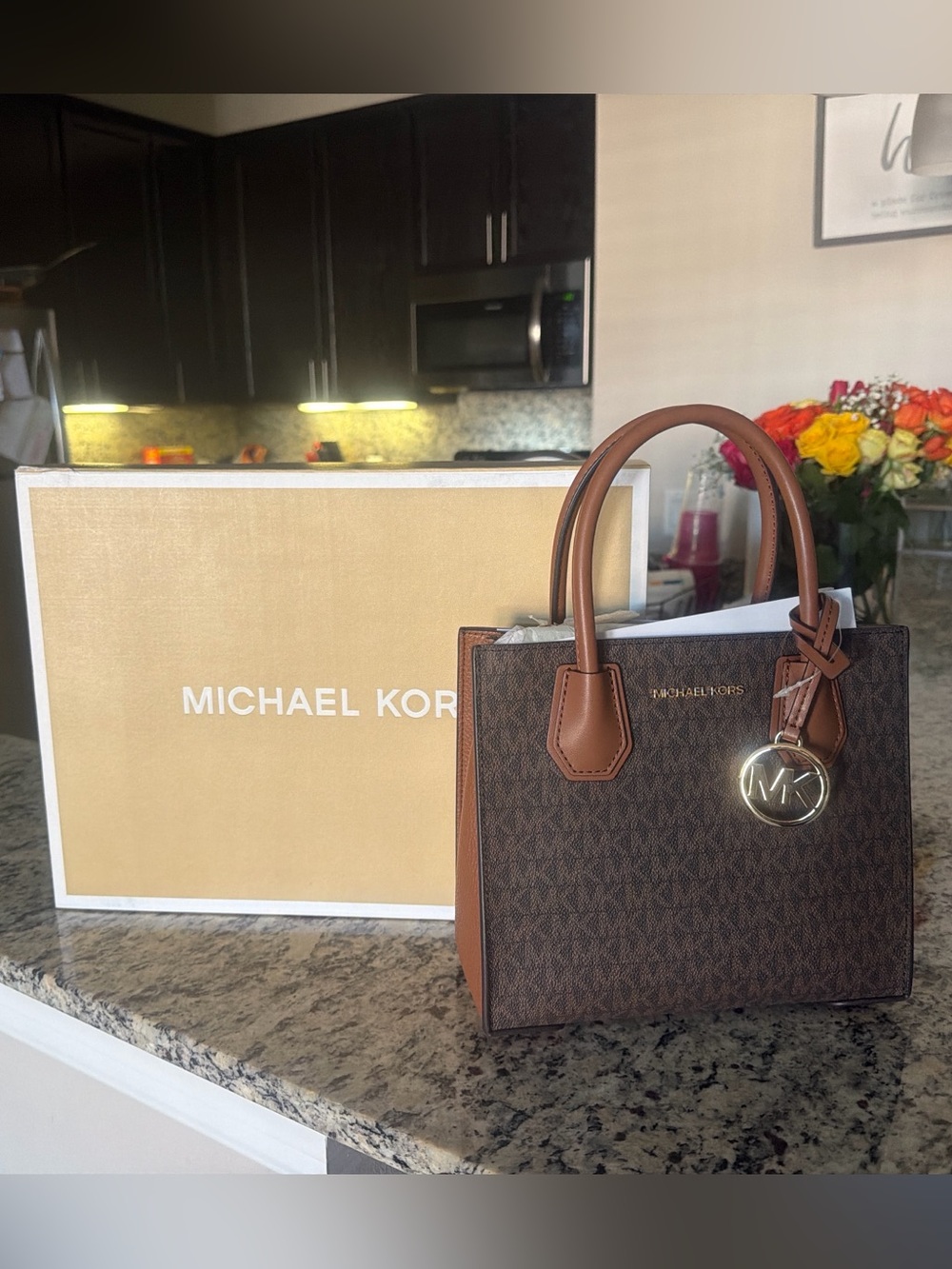 Michael Kors Brown and Tan MK Logo Mini Tote